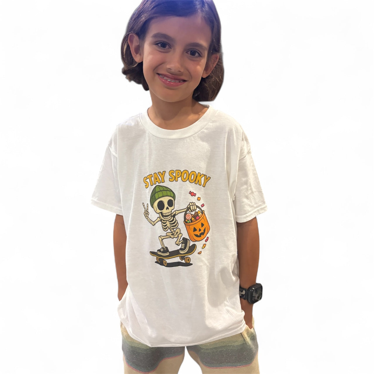 Kids Halloween Skeleton Skateboarding Tee - Shophippiesonly