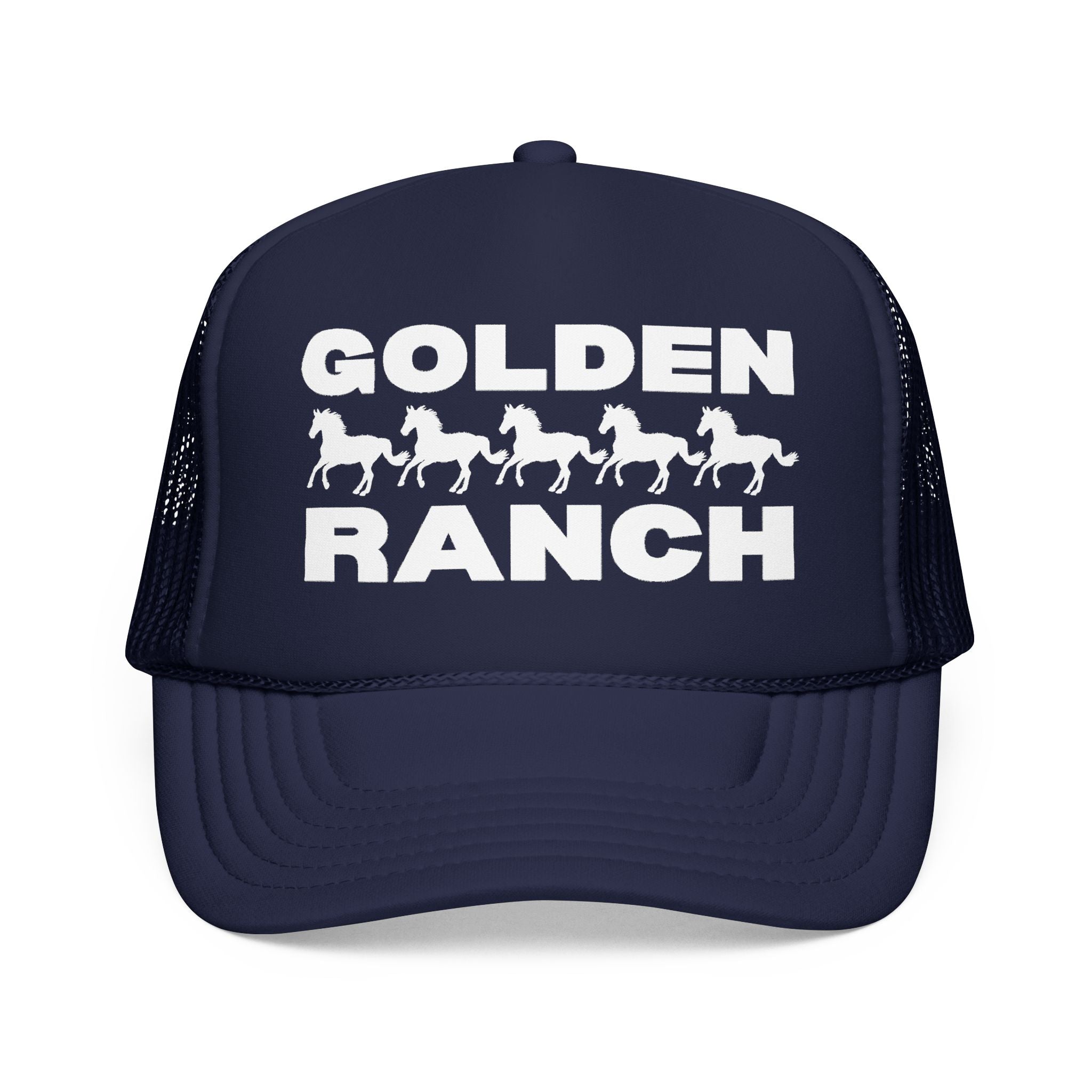 Golden Ranch Trucker Hat — Retro Horse Farm Mesh Cap
