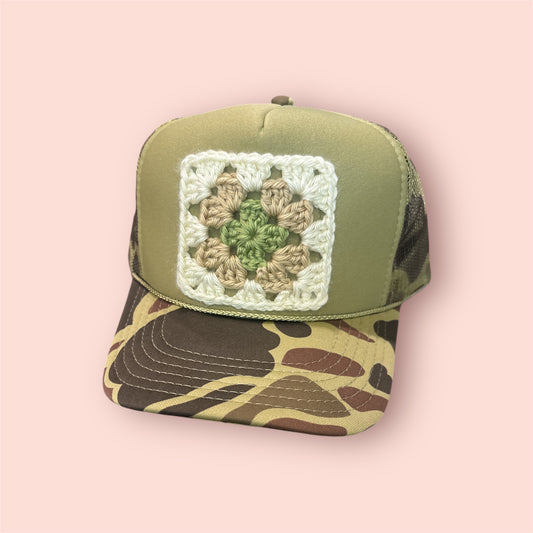 Granny Square Camo Trucker Hat - Shophippiesonly